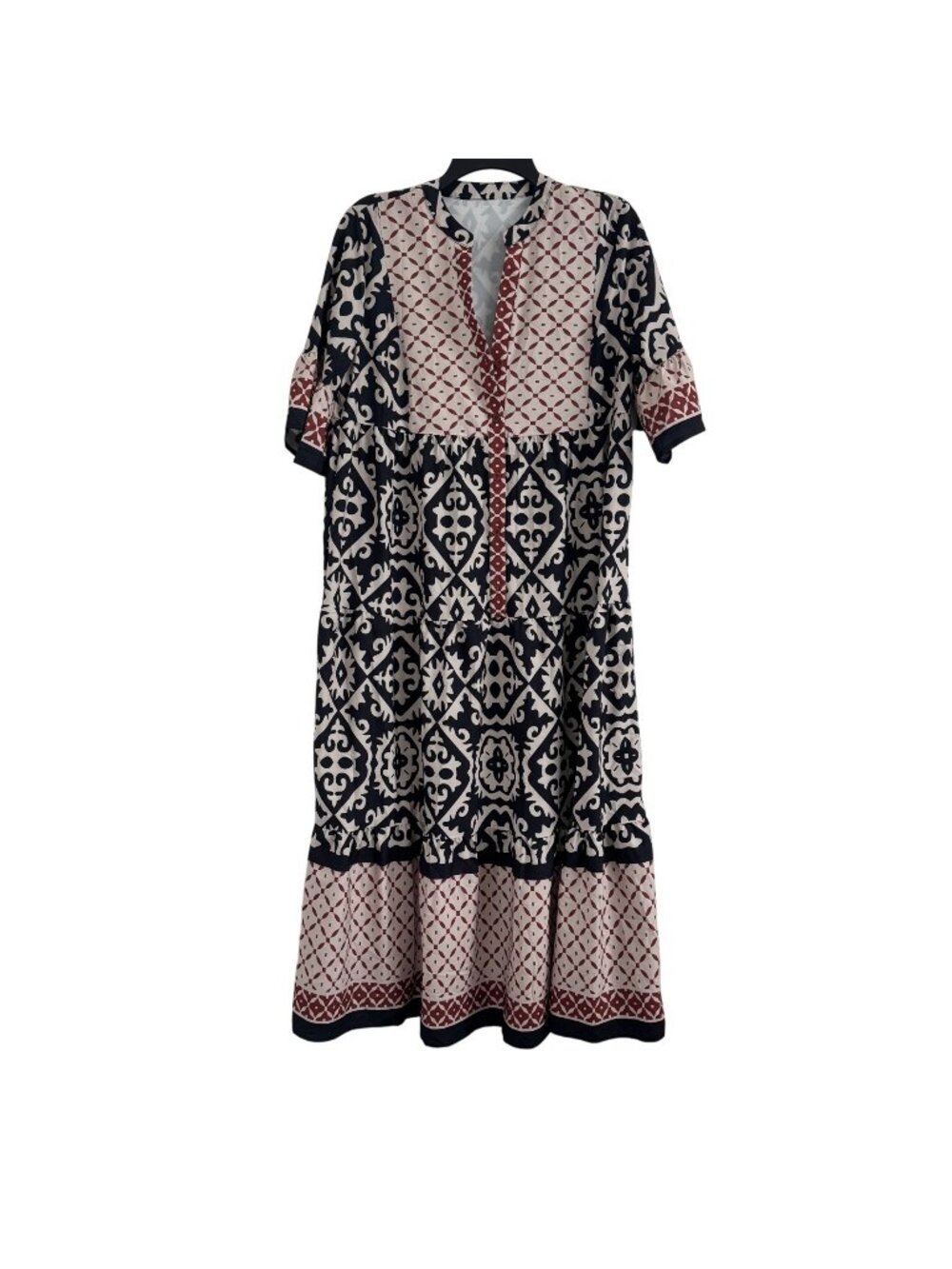 Shein Women Bohemian Short Sleeve Black & Beige Printed Maxi Dress Size L